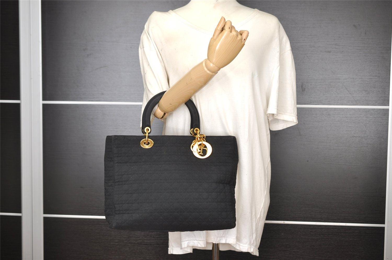 Authentic Christian Dior Lady Dior Cannage Canvas Hand Bag Black CD 1153I