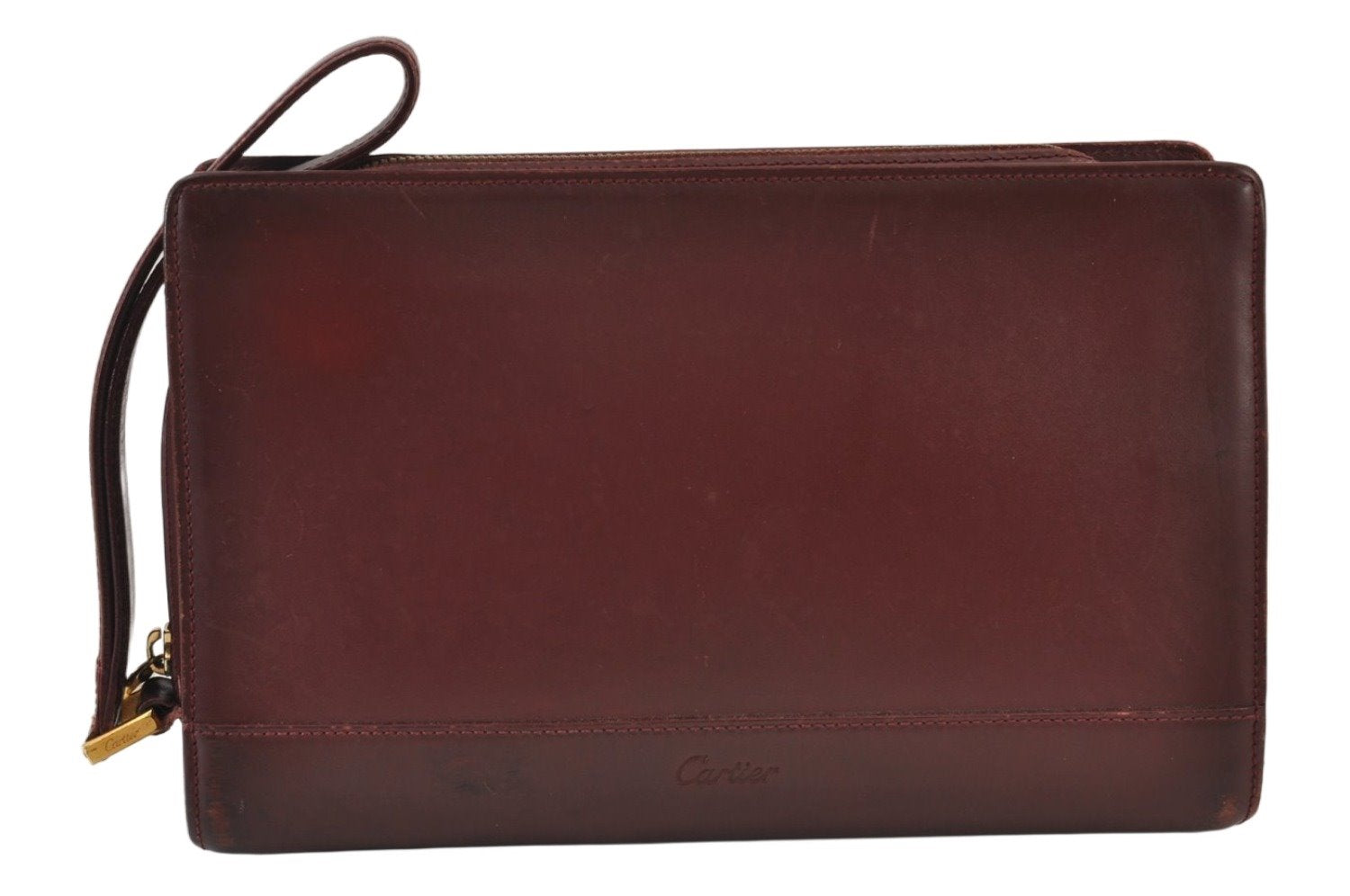 Authentic Cartier Vintage Clutch Hand Bag Purse Leather Bordeaux Red 1153K