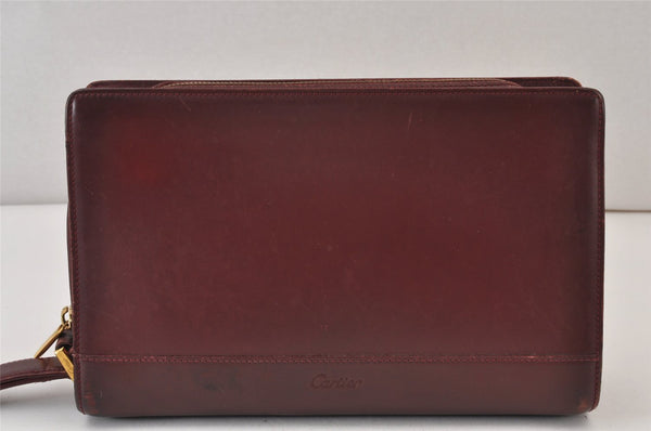 Authentic Cartier Vintage Clutch Hand Bag Purse Leather Bordeaux Red 1153K