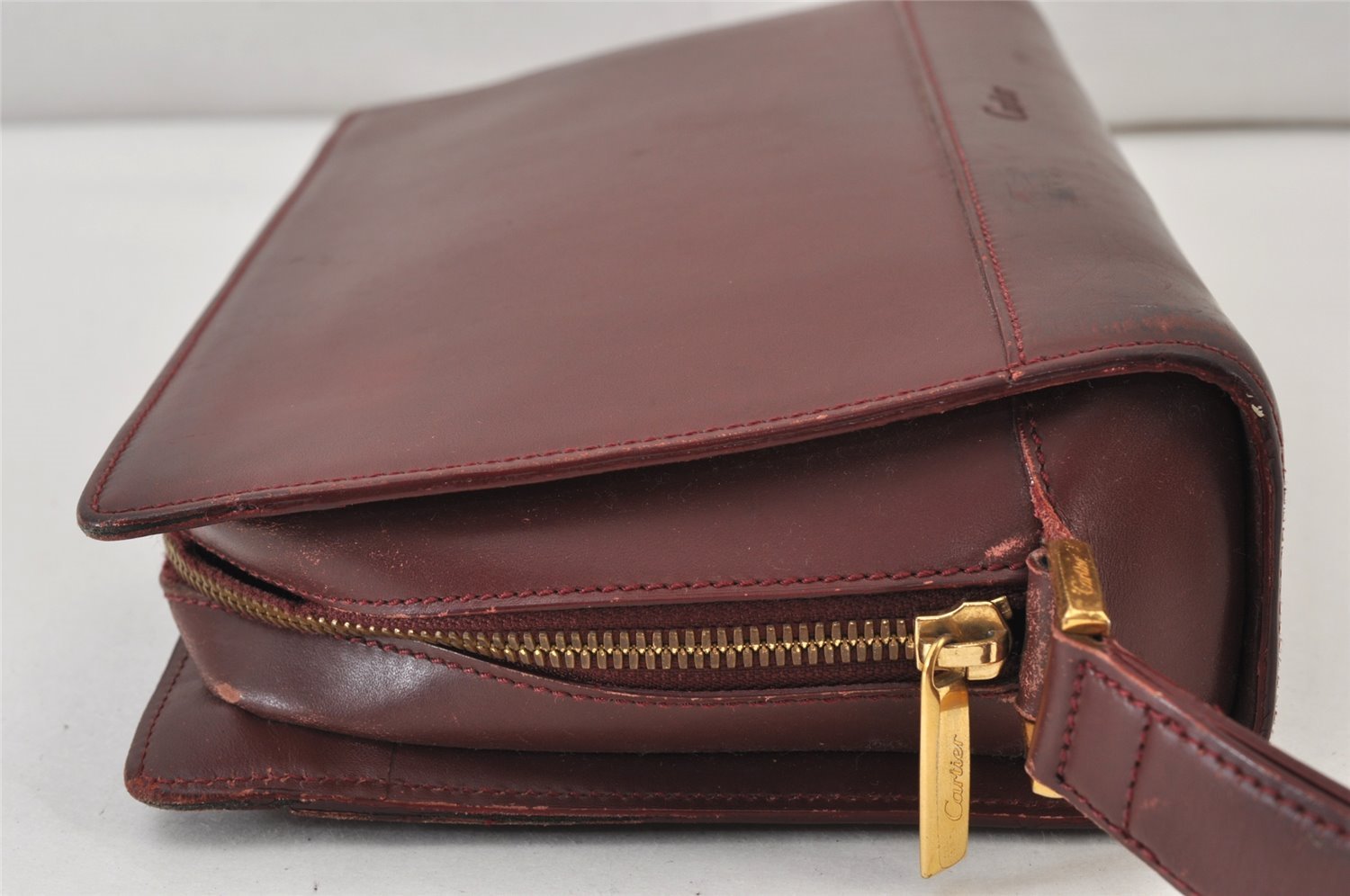 Authentic Cartier Vintage Clutch Hand Bag Purse Leather Bordeaux Red 1153K