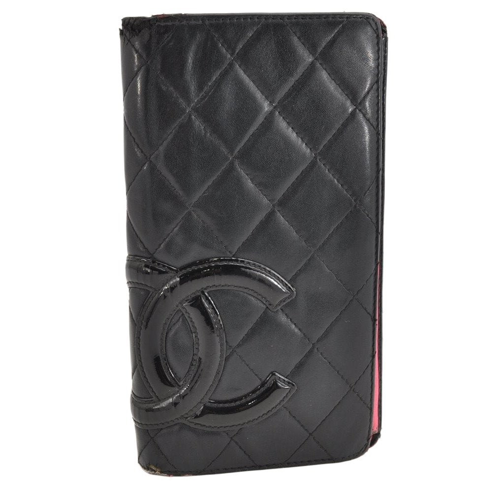 Authentic CHANEL Calf Skin Cambon Line CC Logo Bifold Long Wallet Black 1155K