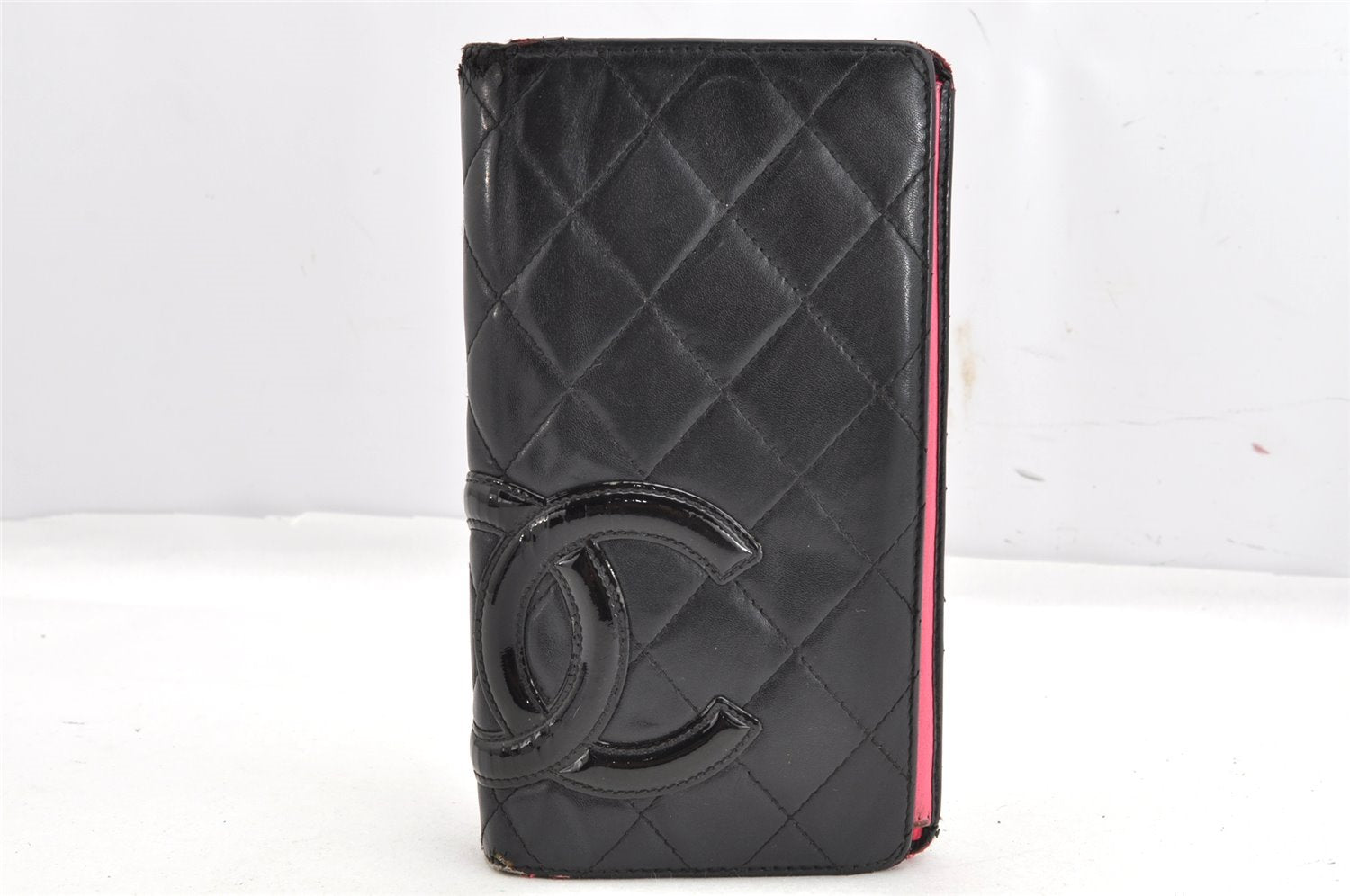 Authentic CHANEL Calf Skin Cambon Line CC Logo Bifold Long Wallet Black 1155K