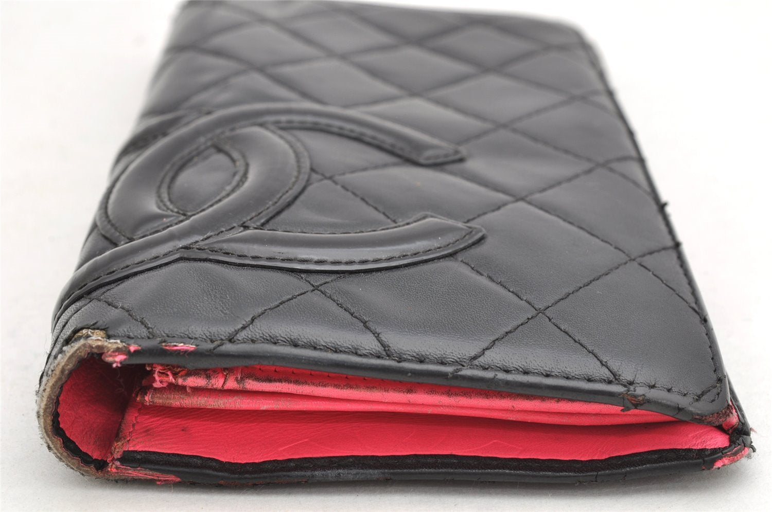 Authentic CHANEL Calf Skin Cambon Line CC Logo Bifold Long Wallet Black 1155K