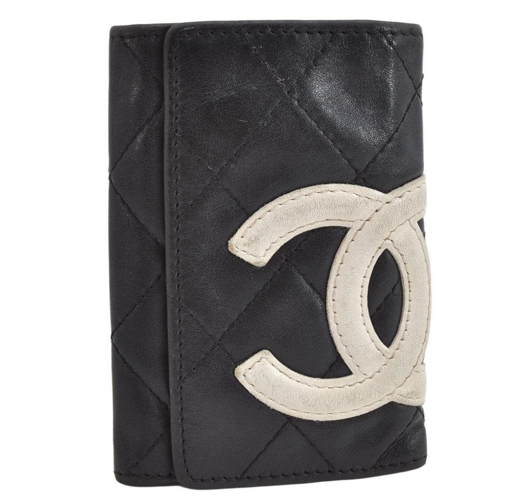 Auth CHANEL Cambon Line Quilted CC Logo Calf Skin 6 Hooks Key Case Black 1157K