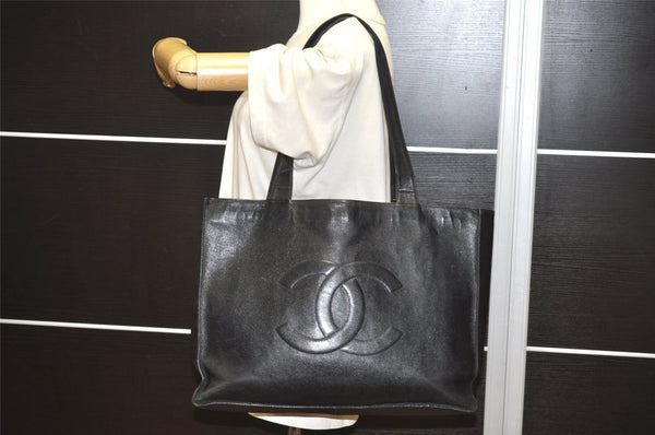 Authentic CHANEL Caviar Skin CoCo Mark Shoulder Tote Bag Black 1162I