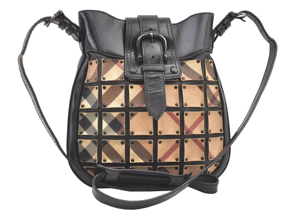 Authentic BURBERRY Nova Check Shoulder Cross Bag Purse Enamel PVC Black 1165K
