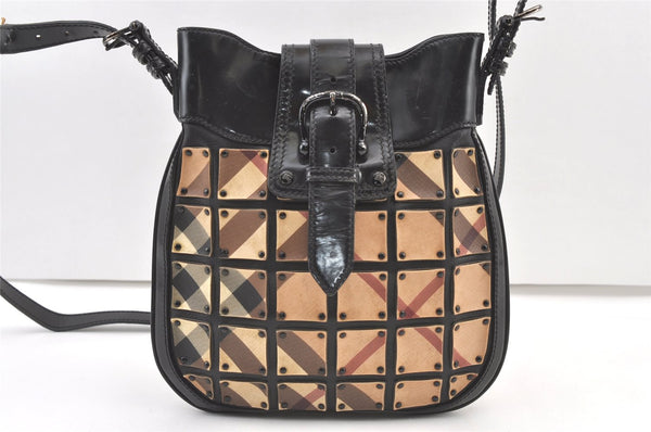 Authentic BURBERRY Nova Check Shoulder Cross Bag Purse Enamel PVC Black 1165K