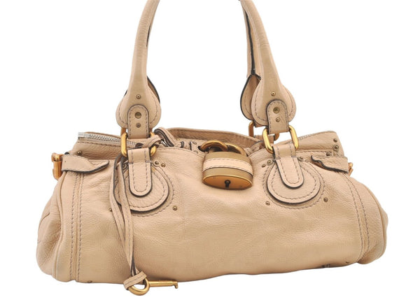 Authentic Chloe Paddington Leather Shoulder Hand Bag Beige 1166K