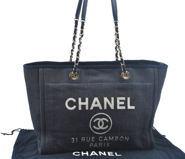 Authentic CHANEL Deauville Line CC Chain Shoulder Tote Bag Canvas Navy 1171J