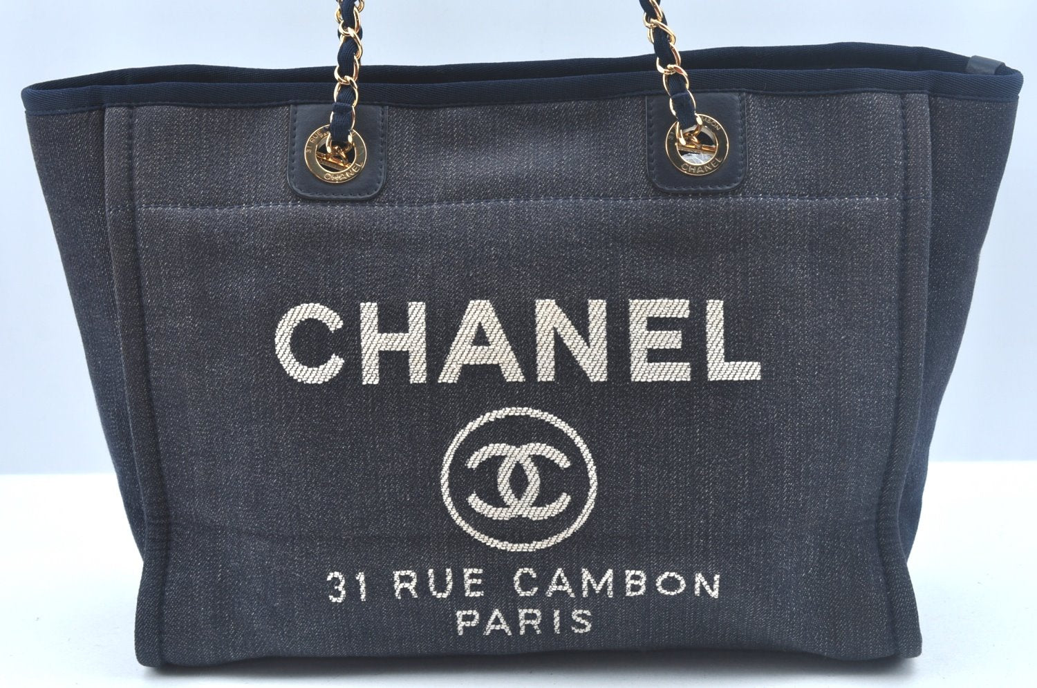 Authentic CHANEL Deauville Line CC Chain Shoulder Tote Bag Canvas Navy 1171J