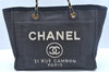 Authentic CHANEL Deauville Line CC Chain Shoulder Tote Bag Canvas Navy 1171J