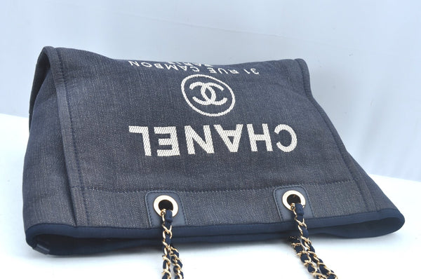 Authentic CHANEL Deauville Line CC Chain Shoulder Tote Bag Canvas Navy 1171J