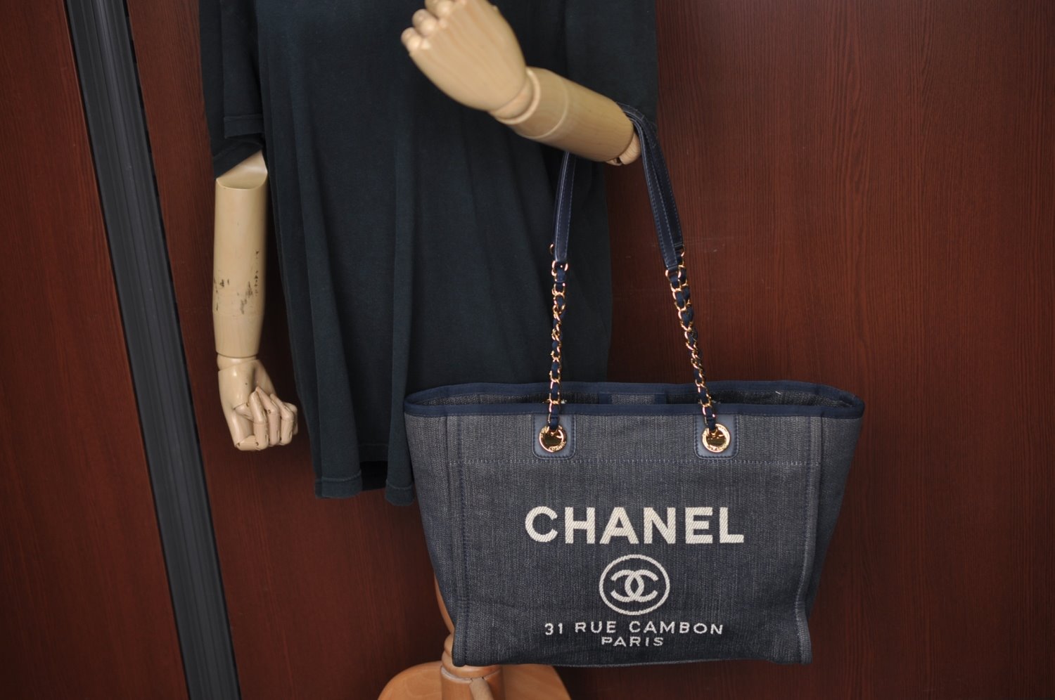 Authentic CHANEL Deauville Line CC Chain Shoulder Tote Bag Canvas Navy 1171J