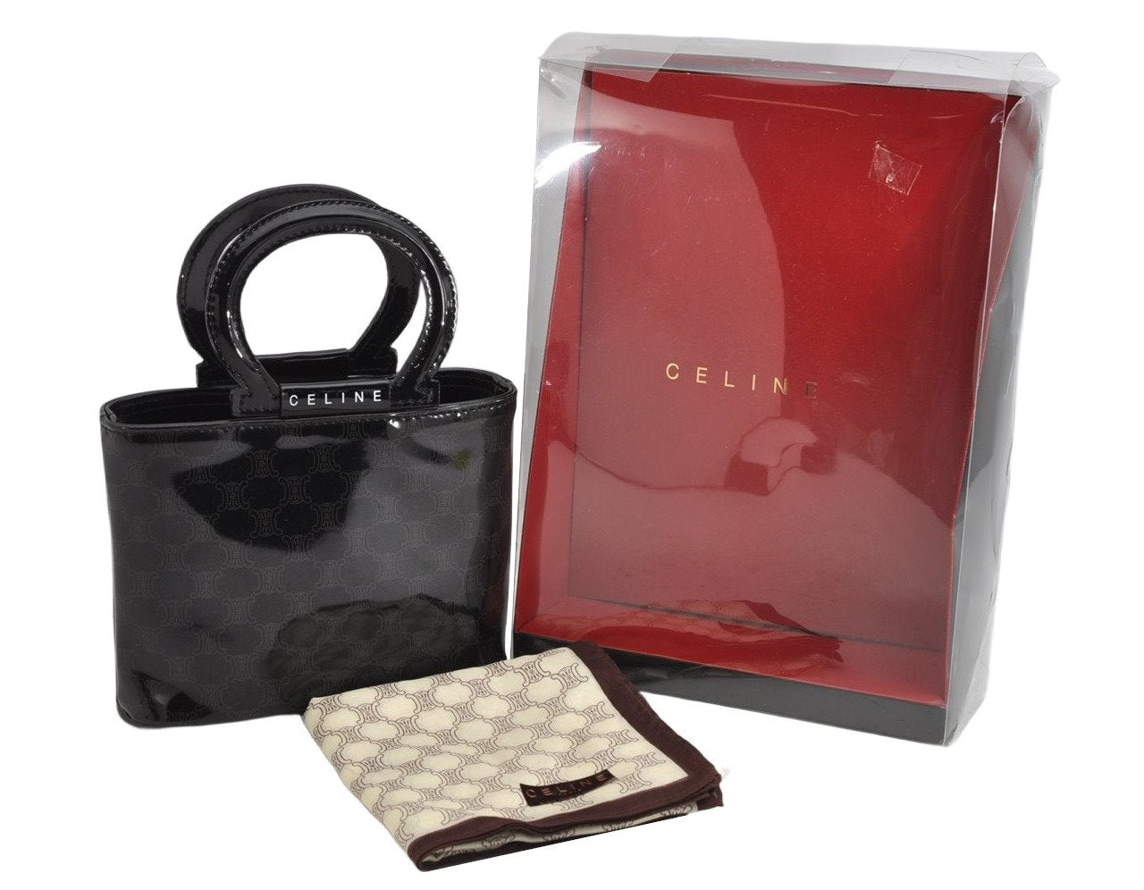 Authentic CELINE Macadam Blason Pattern Hand Pouch Purse Enamel Black Box 1171K