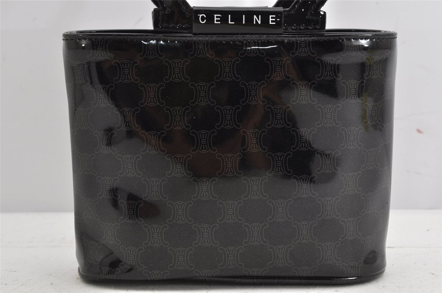 Authentic CELINE Macadam Blason Pattern Hand Pouch Purse Enamel Black Box 1171K