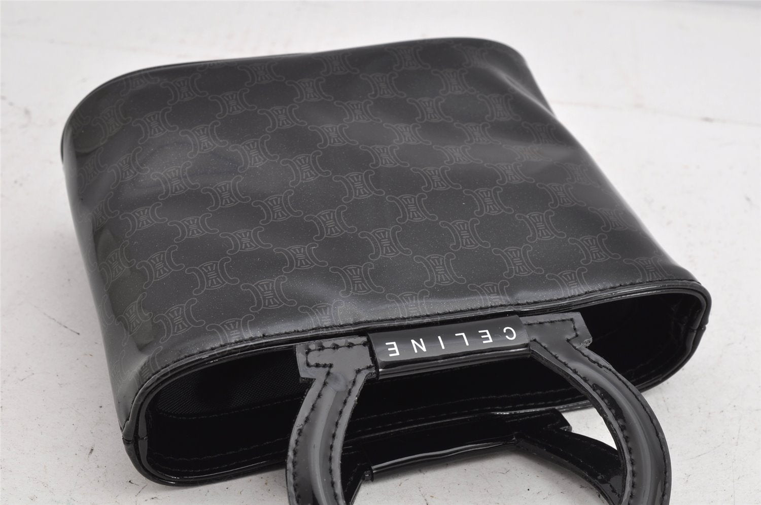 Authentic CELINE Macadam Blason Pattern Hand Pouch Purse Enamel Black Box 1171K