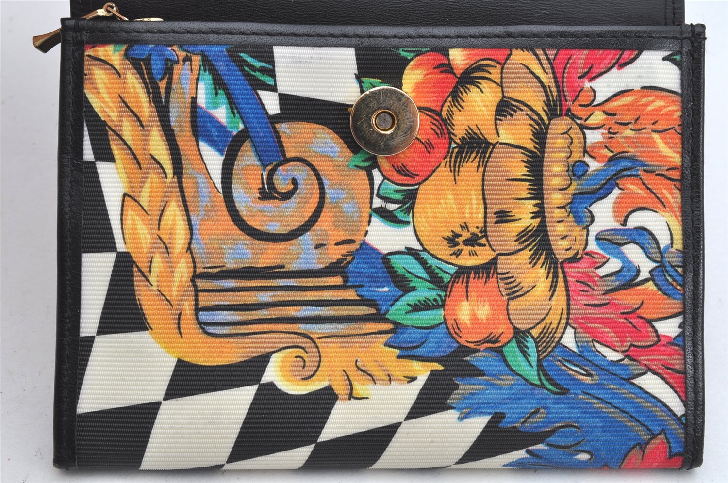 Authentic Gianni Versace Bifold Wallet Purse PVC Leather Black Multicolor 1174K