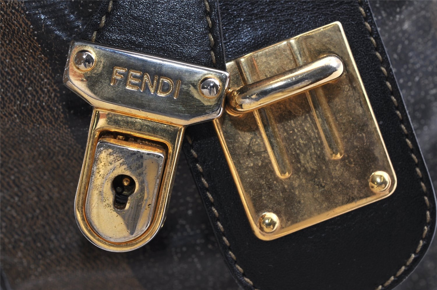 Authentic FENDI Pequin 2Way Hand Boston Bag PVC Leather Brown Black 1175I