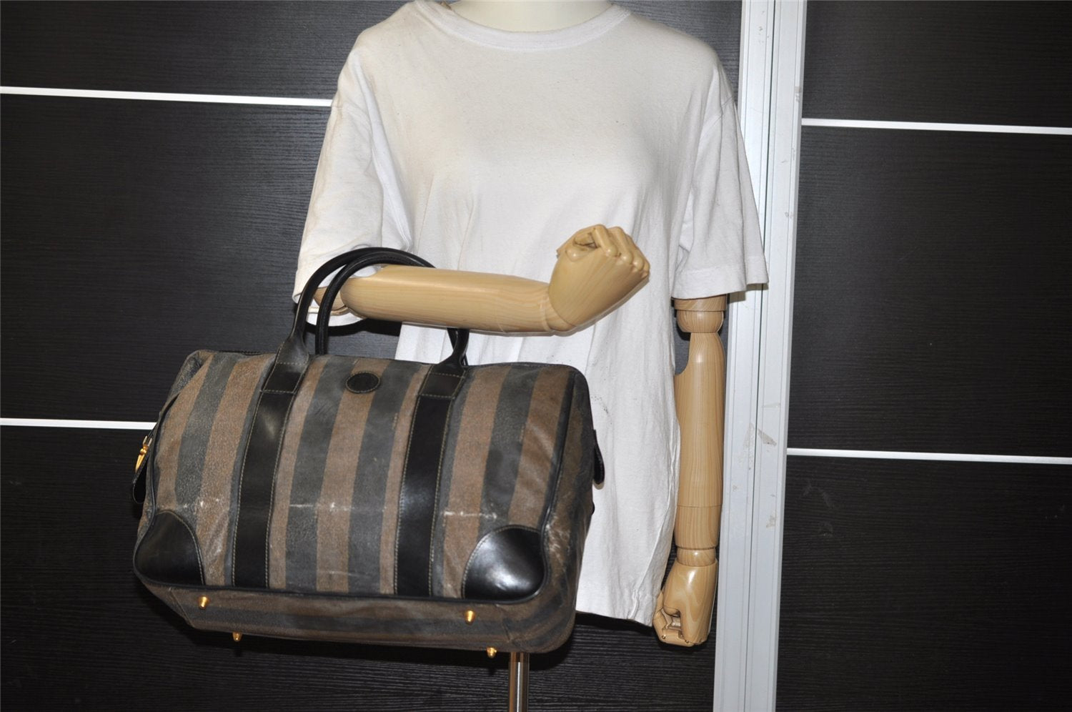 Authentic FENDI Pequin 2Way Hand Boston Bag PVC Leather Brown Black 1175I