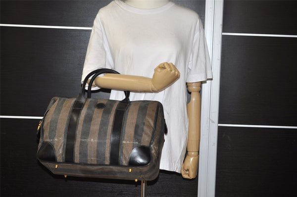 Authentic FENDI Pequin 2Way Hand Boston Bag PVC Leather Brown Black 1175I