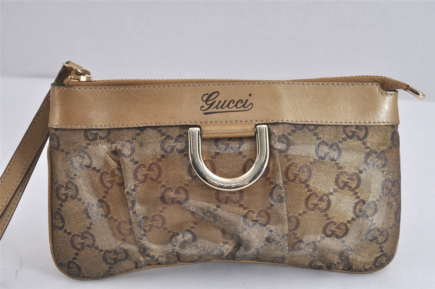 Authentic GUCCI GG Crystal Abbey Pouch Purse GG PVC Leather 203650 Brown 1178J