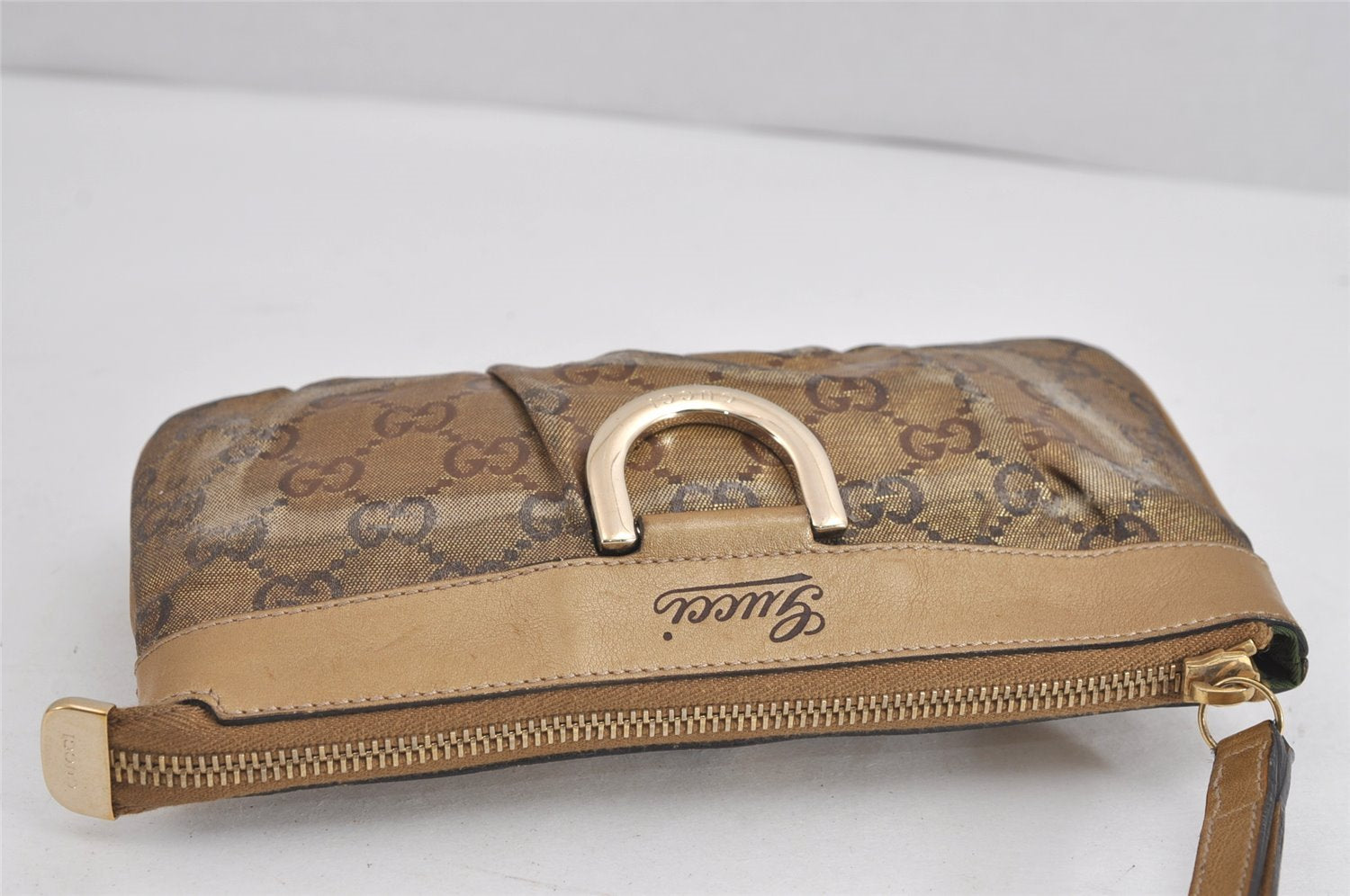 Authentic GUCCI GG Crystal Abbey Pouch Purse GG PVC Leather 203650 Brown 1178J