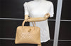 Authentic CHANEL Caviar Skin V Stitch 2Way Hand Tote Bag Beige CC 1178K