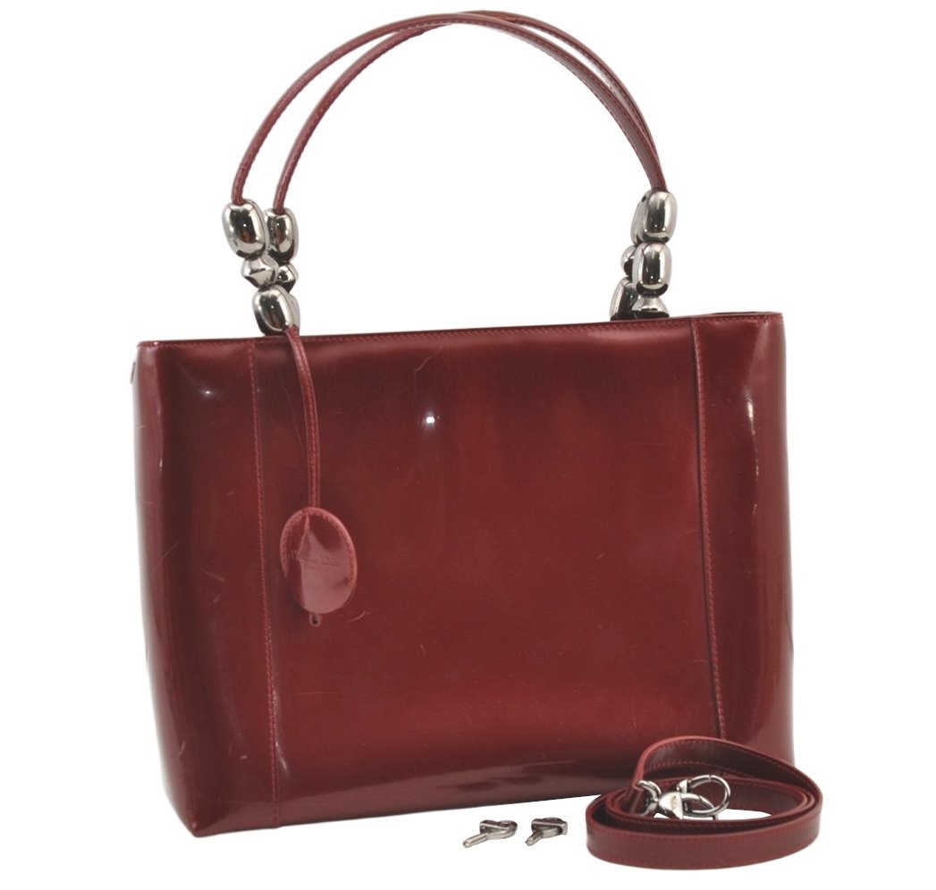 Authentic Christian Dior Maris Pearl 2Way Tote Bag Enamel Bordeaux 1180K