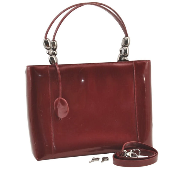 Authentic Christian Dior Maris Pearl 2Way Tote Bag Enamel Bordeaux 1180K