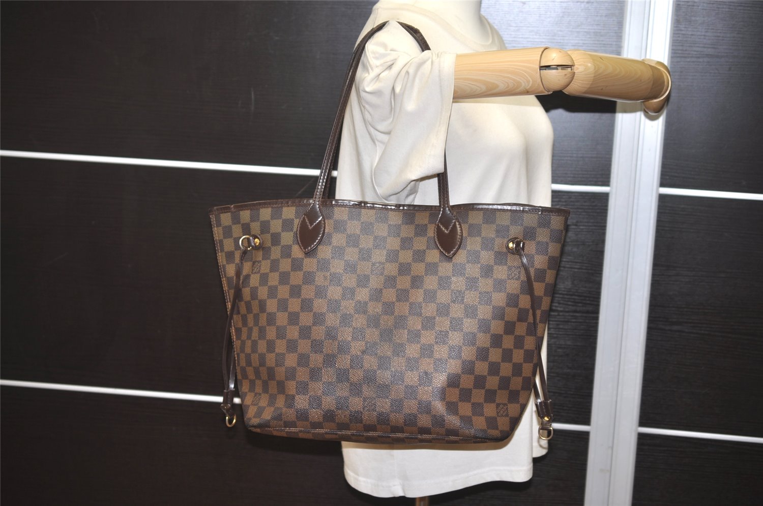 Authentic Louis Vuitton Damier Neverfull MM Shoulder Tote Bag N51105 Junk 1183K