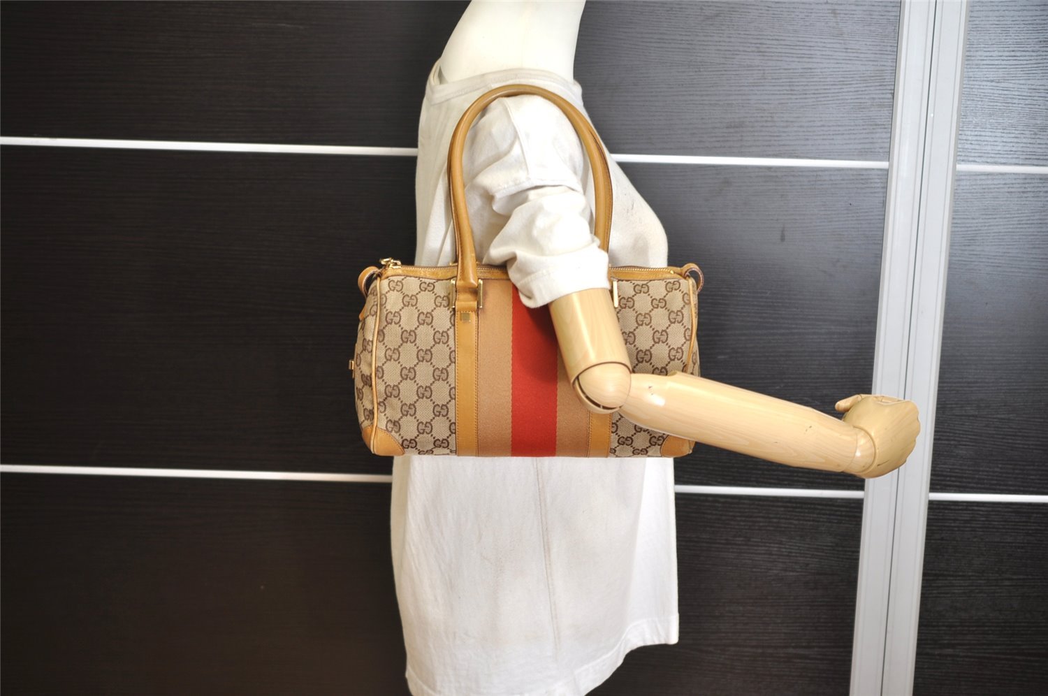 Authentic GUCCI Sherry Line Hand Bag GG Canvas Leather 0000851 Brown 1194K