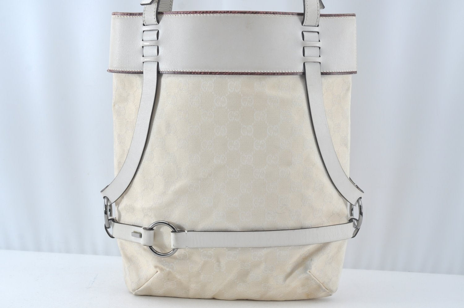 Authentic GUCCI Vintage Shoulder Tote Bag GG Canvas Leather White 1195K