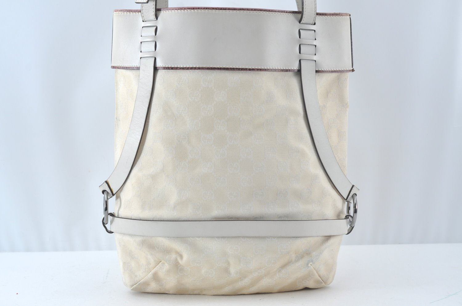 Authentic GUCCI Vintage Shoulder Tote Bag GG Canvas Leather White 1195K