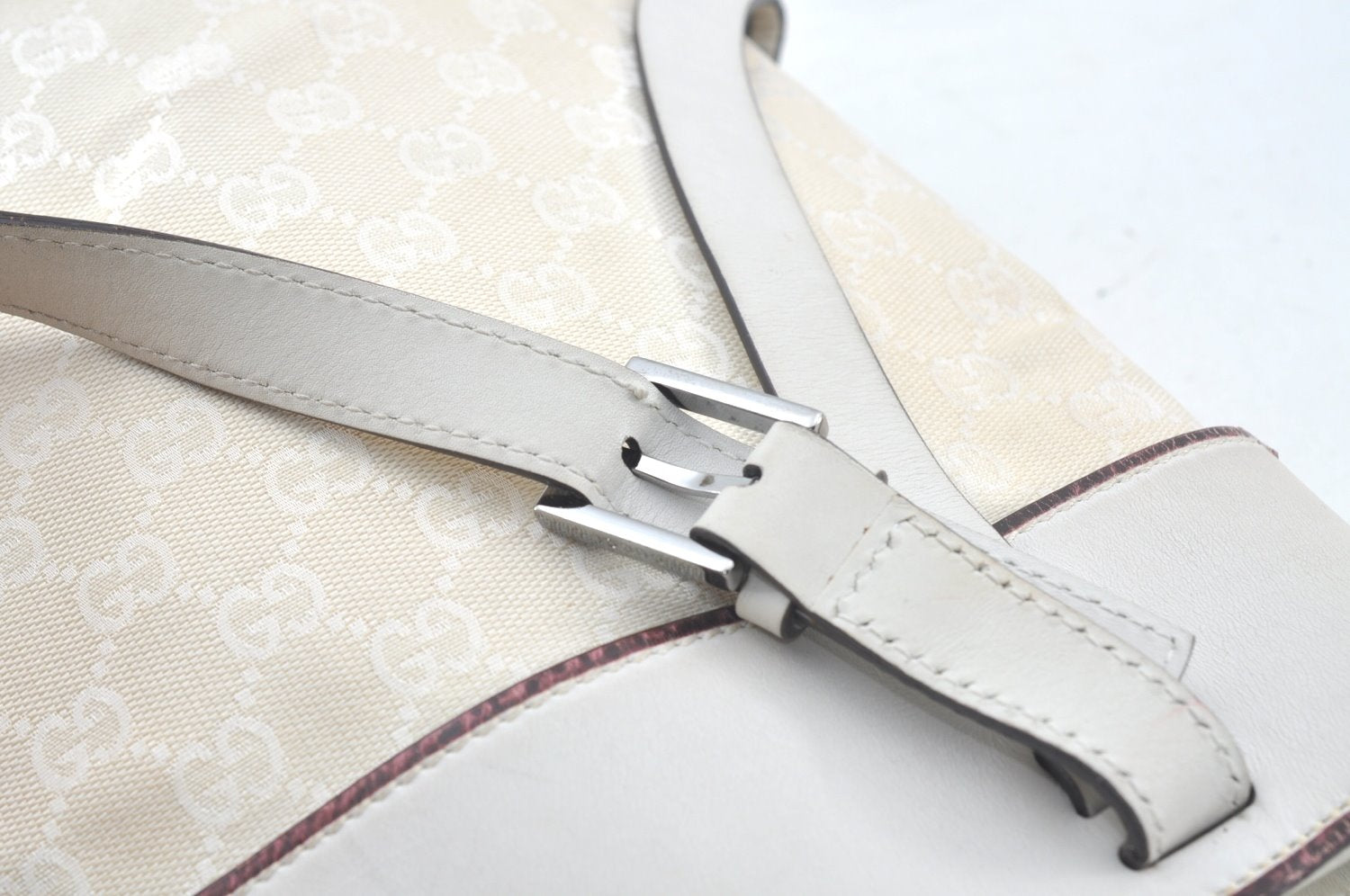 Authentic GUCCI Vintage Shoulder Tote Bag GG Canvas Leather White 1195K