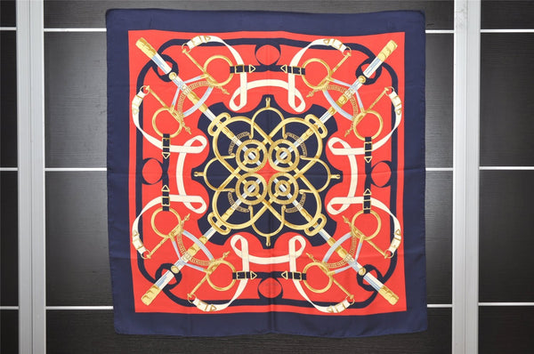 Authentic HERMES Carre 90 Scarf "Eperon d' or" Silk Navy 1198I