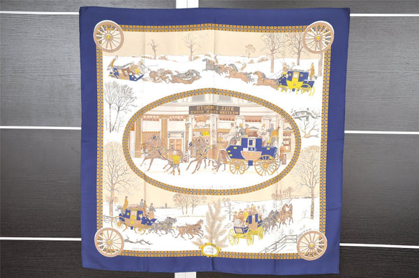 Authentic HERMES Carre 90 Scarf "BULL&MOUTH WESTERN COSCH" Silk Navy 1199I