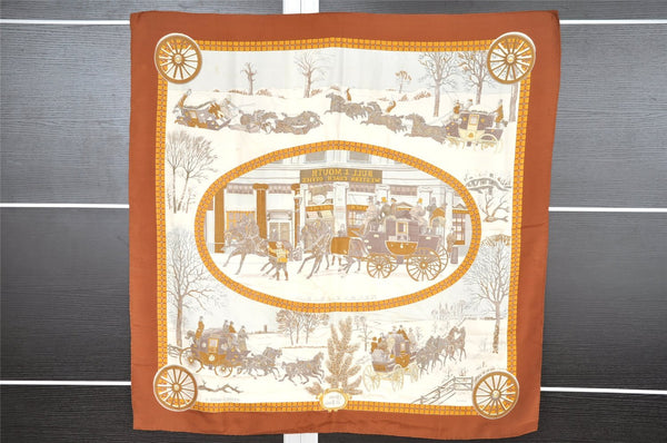 Authentic HERMES Carre 90 Scarf "BULL&MOUTH WESTERN COACH" Silk Brown 1210I