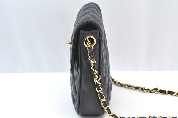 Authentic CHANEL Calf Skin Matelasse Chain Shoulder Cross Bag Black CC 1218J