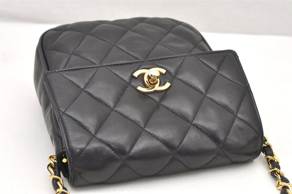 Authentic CHANEL Calf Skin Matelasse Chain Shoulder Cross Bag Black CC 1218J