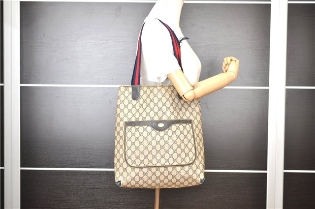 Authentic GUCCI Vintage Sherry Line Shoulder Tote Bag GG PVC Leather Navy 1222G