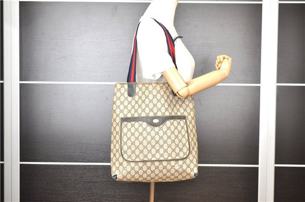 Authentic GUCCI Vintage Sherry Line Shoulder Tote Bag GG PVC Leather Navy 1222G