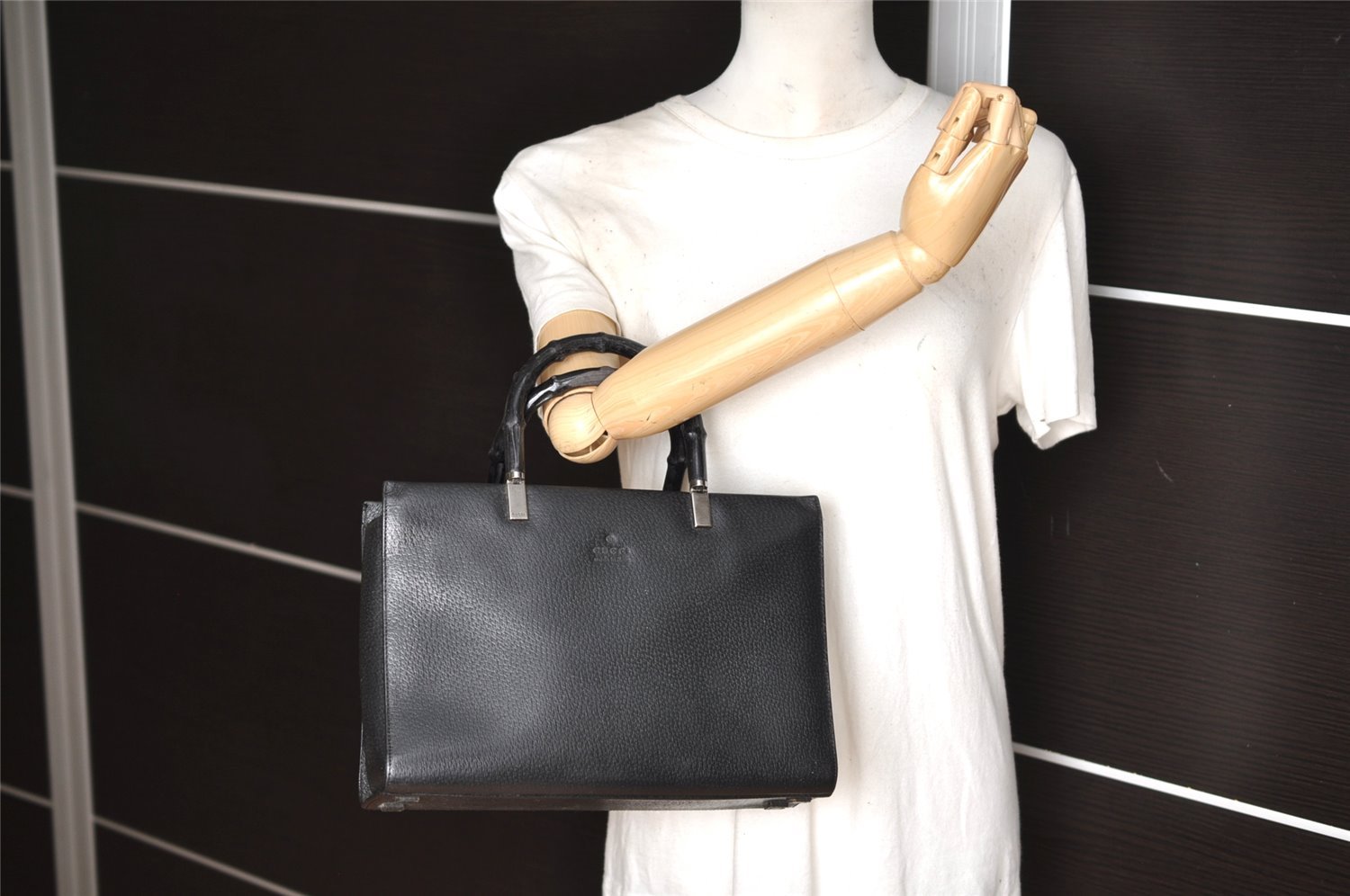 Authentic GUCCI Bamboo 2Way Shoulder Hand Bag Leather 0021035 Black 1227K