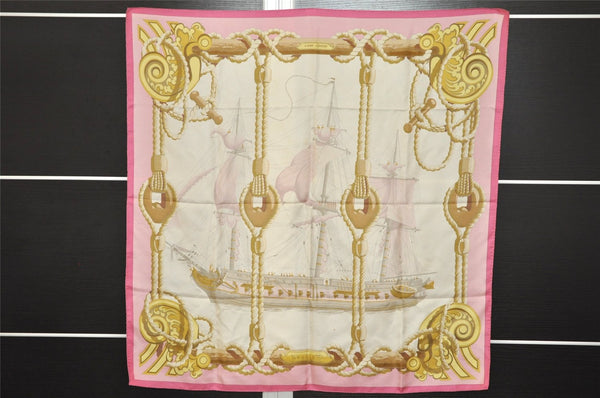 Authentic HERMES Carre 90 Scarf "Tribord " Silk Pink 1228K