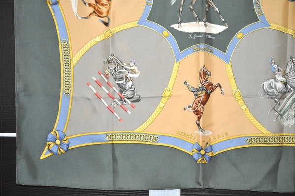 Authentic HERMES Carre 90 Scarf "ECOLE FRANCAISE D'EQUITATION" Silk Khaki 1230K