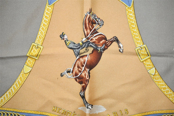 Authentic HERMES Carre 90 Scarf "ECOLE FRANCAISE D'EQUITATION" Silk Khaki 1230K