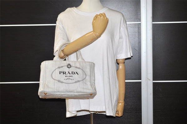 Authentic PRADA Vintage Canapa SS Denim 2Way Shoulder Hand Bag Purse White 1242I