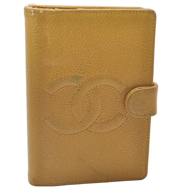 Authentic CHANEL Agenda Caviar Skin Leather Notebook Cover Yellow CC 1243J