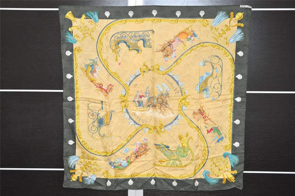 Authentic HERMES Carre 90 Scarf "Plumes et Grelots" Silk Green Yellow 1251K