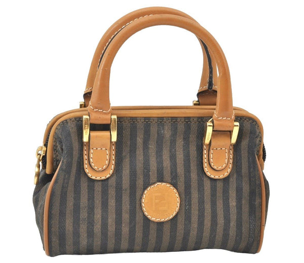 Authentic FENDI Pequin Vintage 2Way Hand Bag Purse PVC Leather Brown Black 1256I