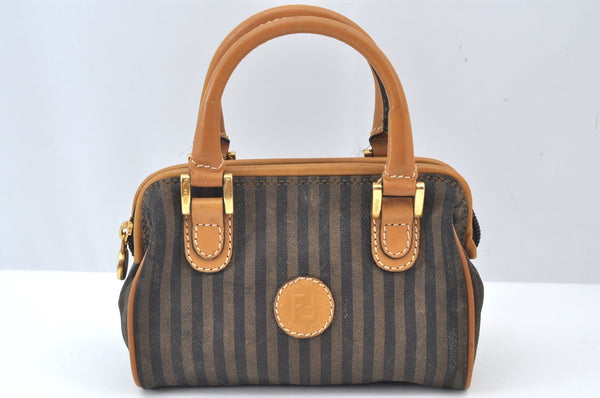 Authentic FENDI Pequin Vintage 2Way Hand Bag Purse PVC Leather Brown Black 1256I